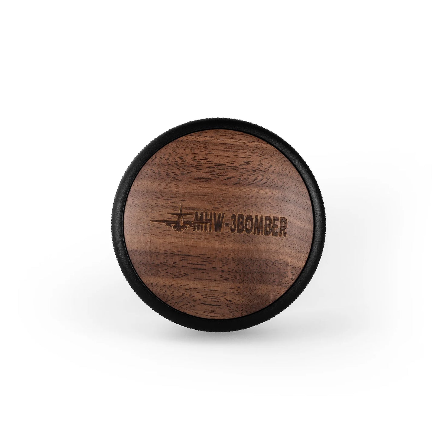 MHW-3BOMBER coffee distributor lid. Wood with black trim. Shows brand logo. CD Series wood lid edition.