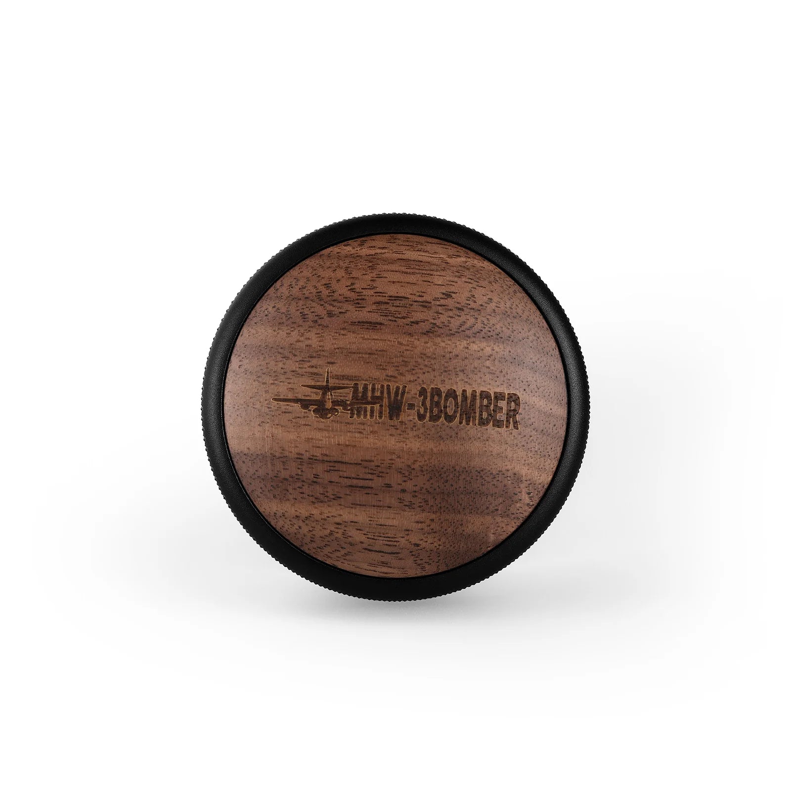 MHW-3BOMBER coffee distributor lid. Wood with black trim. Shows brand logo. CD Series wood lid edition.