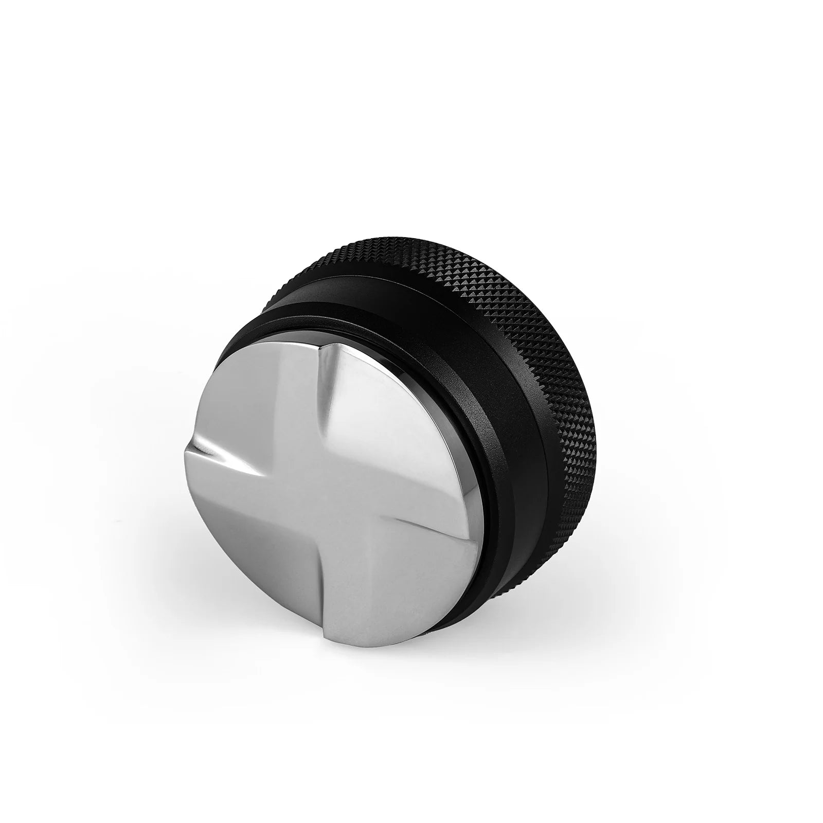 MHW-3BOMBER coffee distributor with adjustable, cross-shaped silver base and black, textured grip. 