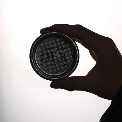 MHW-3BOMBER DEX 58mm filter basket held in hand. Black, precision holes, flat bottom. For espresso. 
