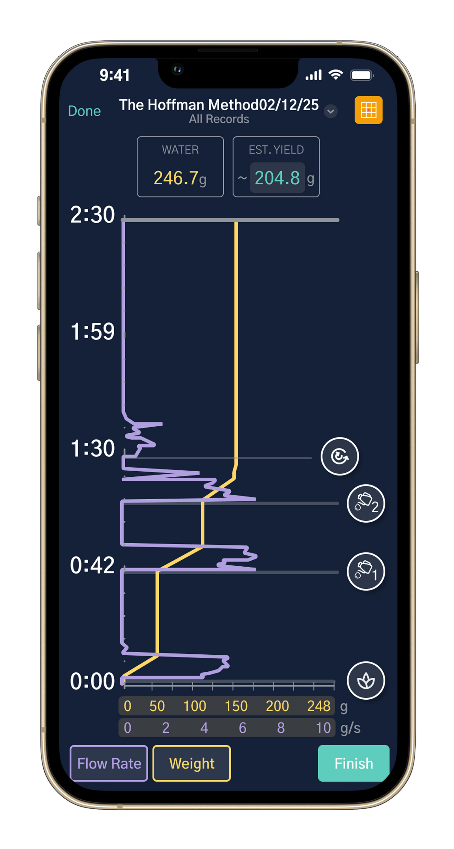 CoffeeOS brew recorder screen for DiFluid Microbalance