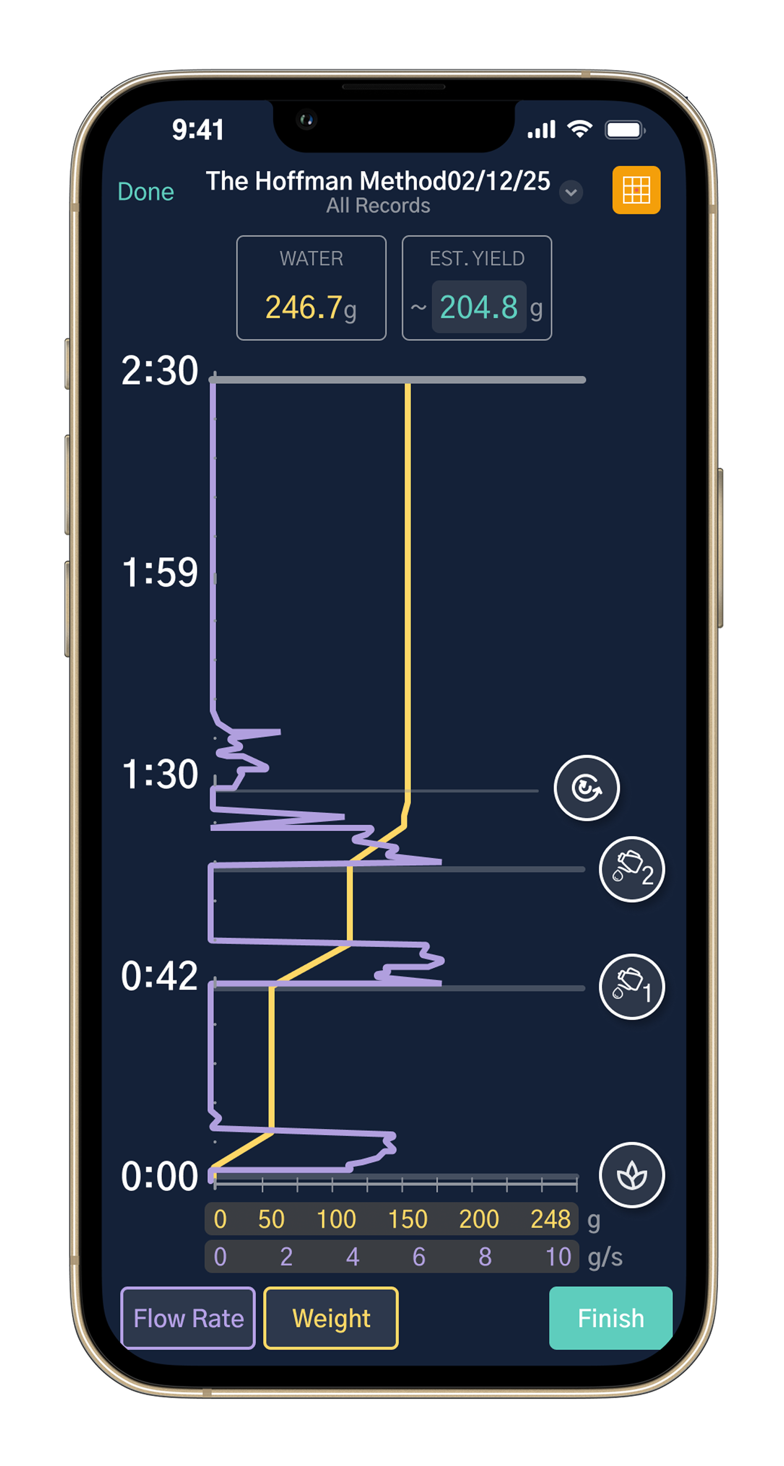 CoffeeOS brew recorder screen for DiFluid Microbalance