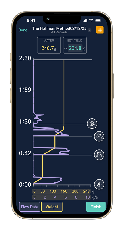 CoffeeOS brew recorder screen for DiFluid Microbalance