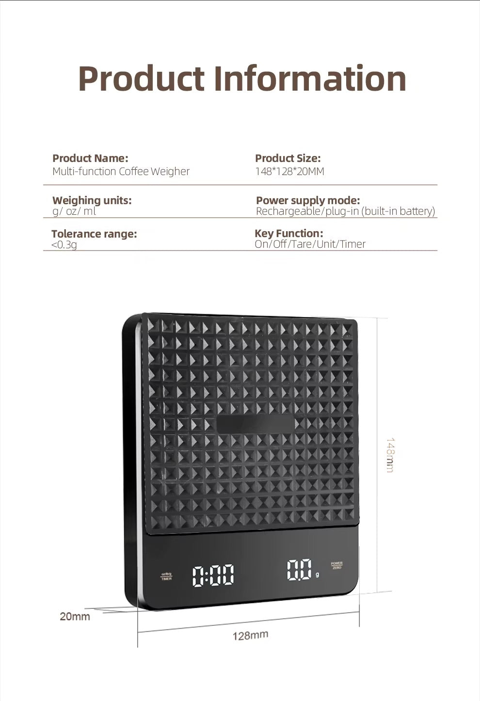 HiBREW Multi-Function Coffee Weigher, sleek black with digital display, measures weight and time for precise brewing.