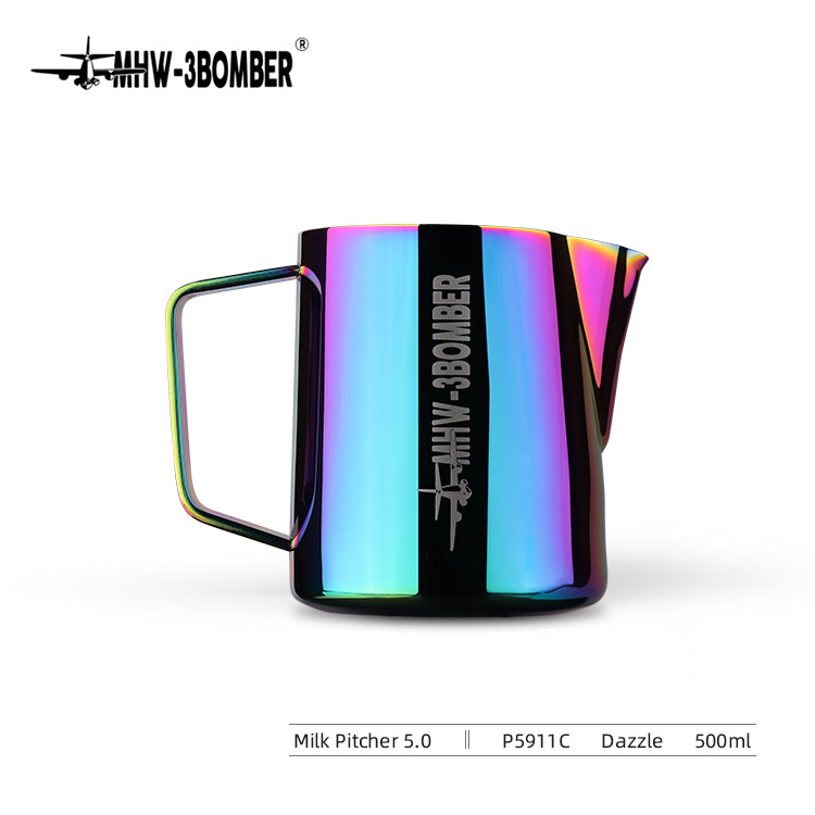 The MHW-3BOMBER Latte Art Pitcher 5.0 Colorful, model P5911C, has a left-hand handle and features MILK BOMBHER with an airplane logo. Its crocodile spout enhances the design of this stainless steel, 500ml pitcher in the Dazzle style.