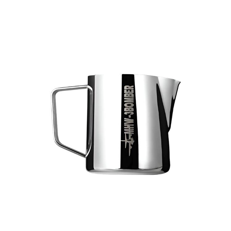 This 400ml silver MHW-3BOMBER Latte Art Pitcher 5.0 Glossy, made from glossy 304 stainless steel, features an etched MIW BOMBER logo on its side, a sturdy handle, and a crocodile spout for precise pouring.