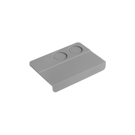 MHW-3BOMBER gray silicone coffee tamper mat with two portafilter slots. Durable, non-toxic. 