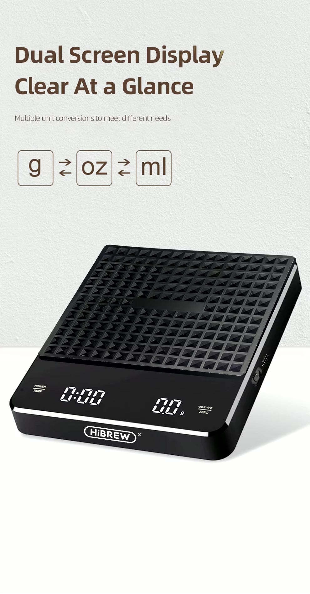 HiBREW weighing scale with dual screen, designed for precise coffee brewing. Features timer and unit conversions.