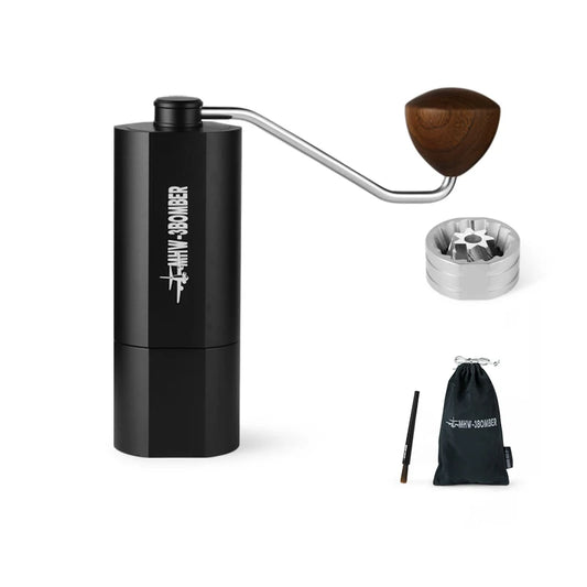 MHW-3BOMBER Adder V3 coffee grinder. Black with wooden handle. Includes burr, brush, and bag.