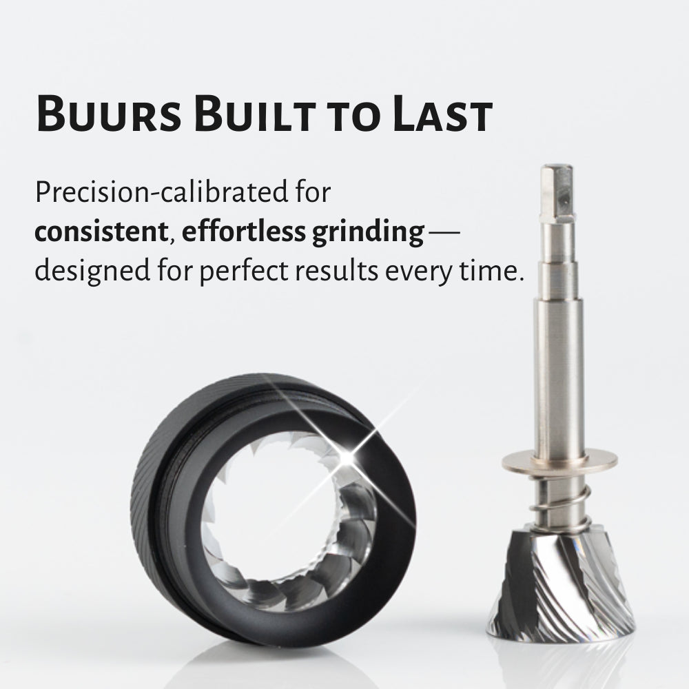 1Zpresso grinder parts: black burr set & silver shaft/grindstone. Manual coffee mill components.