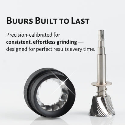 1Zpresso grinder parts: black burr set & silver shaft/grindstone. Manual coffee mill components.