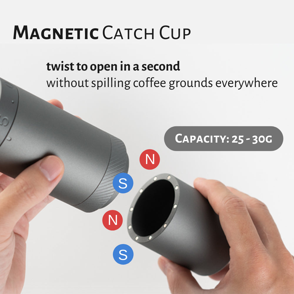 1Zpresso X-Ultra grinder magnetic catch cup detached. Gray, 25-30g capacity. Manual coffee grinder feature.