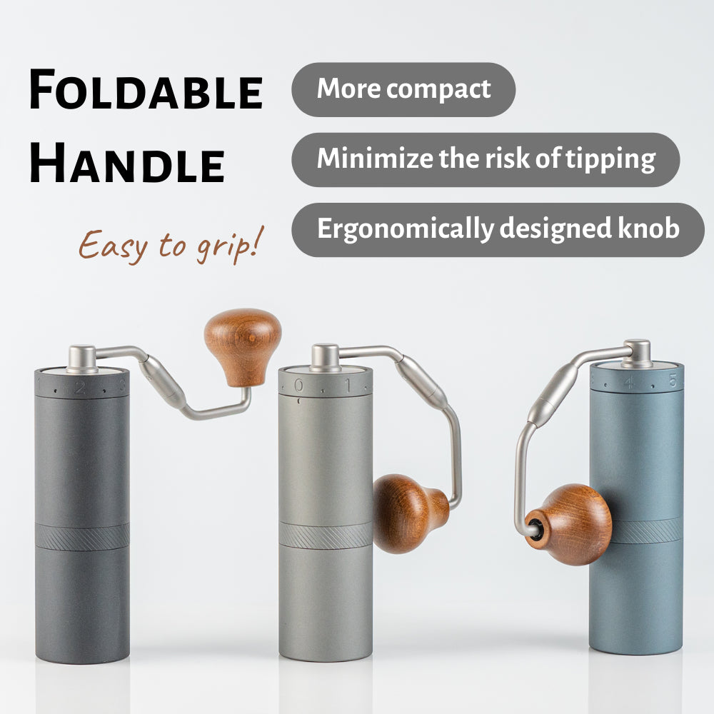 1Zpresso X-Ultra grinder featuring a foldable handle and ergonomic design in grey, silver and blue color options.