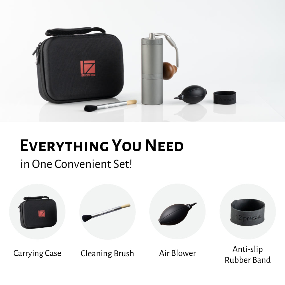 1Zpresso X-Ultra set: grinder, case, brush, blower, band. Gray grinder with wood handle. Black case with logo.