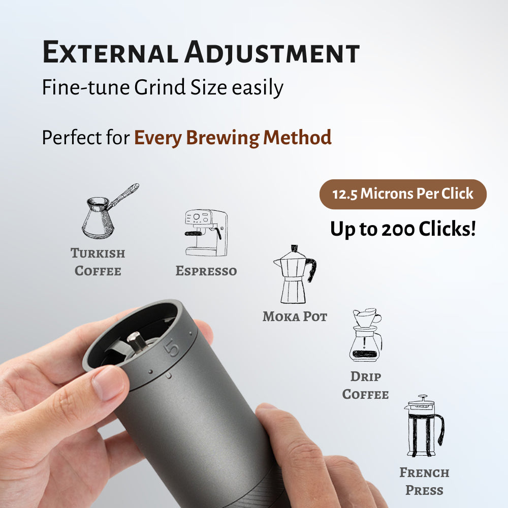 1Zpresso X-Ultra manual coffee grinder, gray. Fine grind adjustment perfect for Turkish, Espresso, Moka Pot, Drip & French Press.