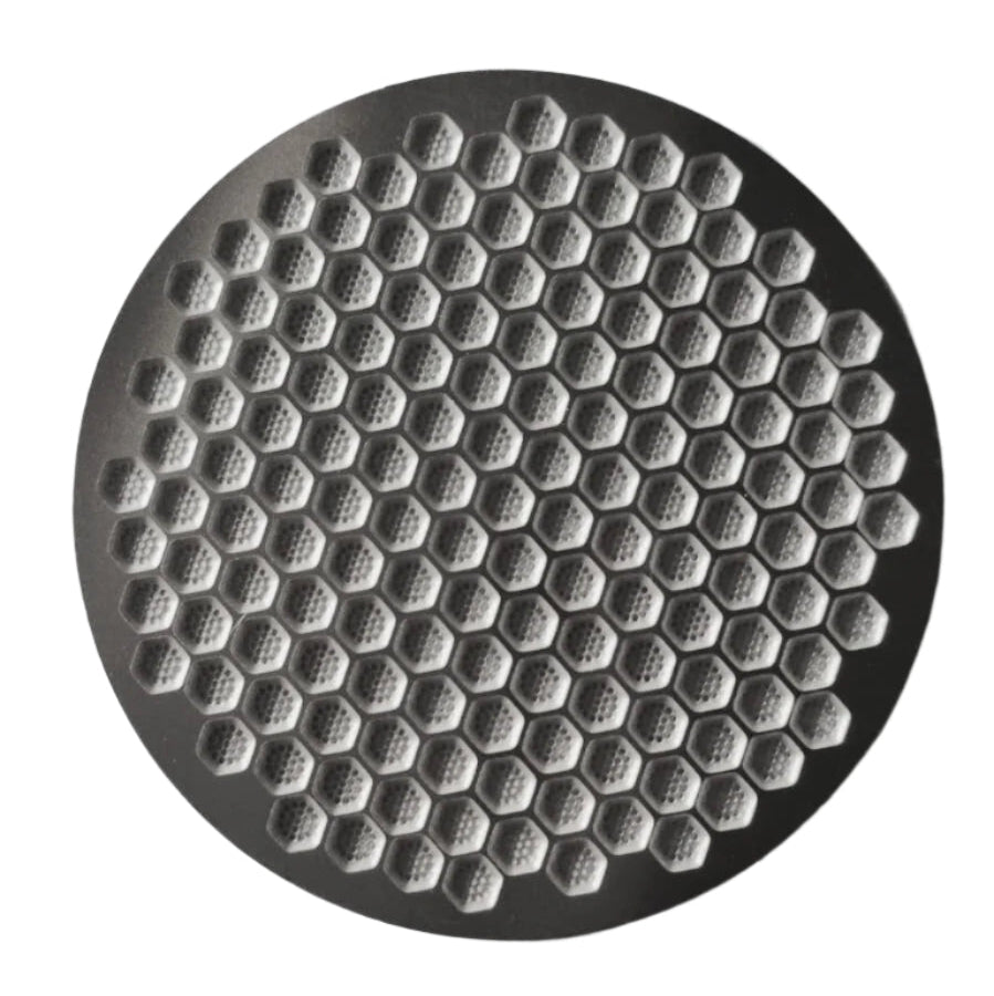 Fix Coffee 58mm espresso puck screen, titanium plated with a unique honeycomb pattern.