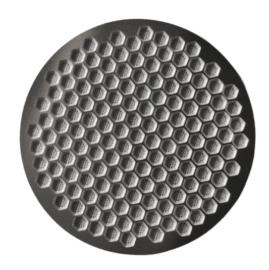 Fix Coffee 58mm espresso puck screen, titanium plated with a unique honeycomb pattern.