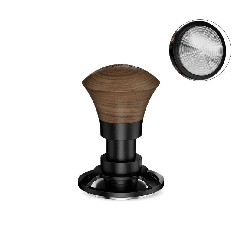 The MHW-3BOMBER Armor Series Coffee Tamper 2.0 boasts a wooden handle and black metal base with a flat, textured underside. Its triple spring design blends functionality and aesthetics, ensuring constant pressure and precision in every use.