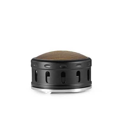 MHW-3BOMBER Gravity Coffee Distributor. Black metal base, wood grain top. Espresso accessory.