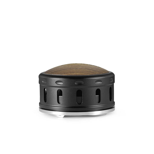 MHW-3BOMBER Gravity Coffee Distributor. Black metal base, wood grain top. Espresso accessory.