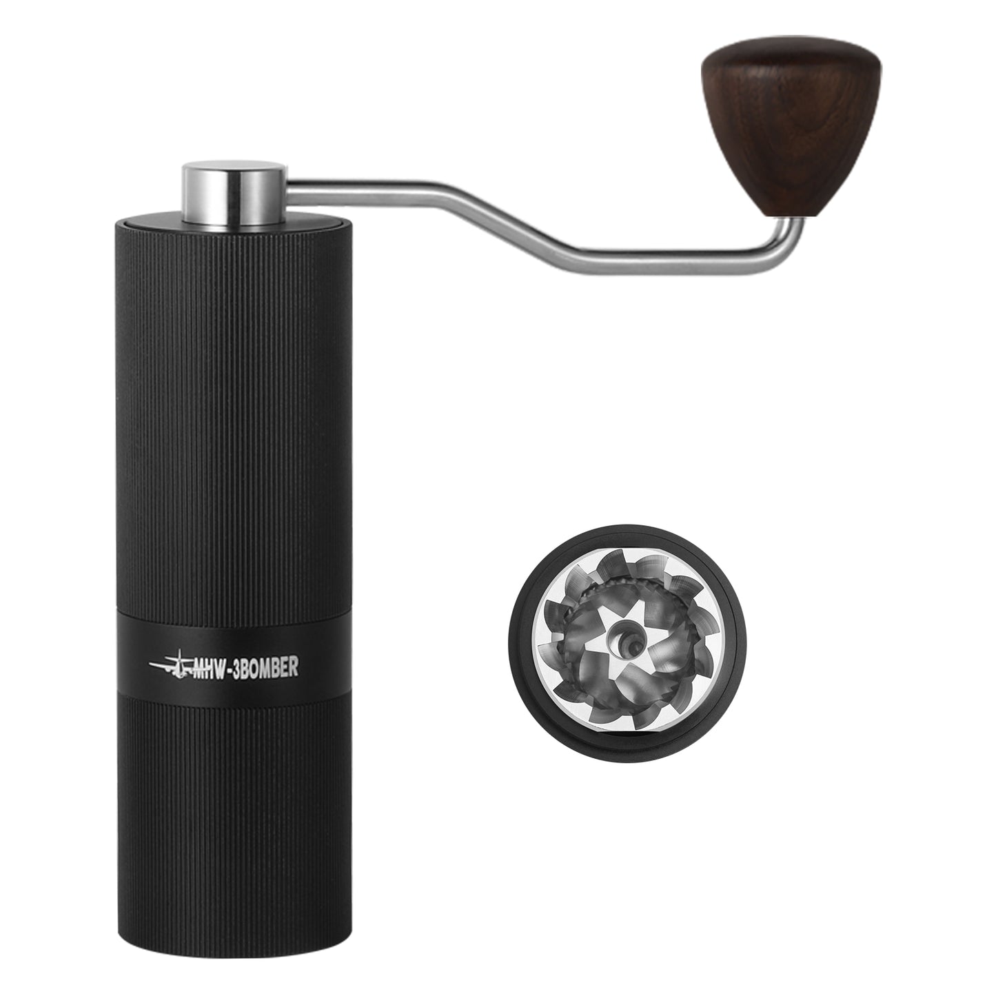 MHW-3BOMBER M1 Manual Coffee Grinder in black, featuring a durable stainless steel burr, ergonomic wooden handle, and sleek modern design, ideal for home baristas and coffee aficionados.