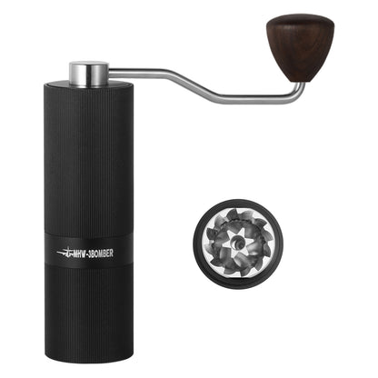 MHW-3BOMBER M1 Manual Coffee Grinder in black, featuring a durable stainless steel burr, ergonomic wooden handle, and sleek modern design, ideal for home baristas and coffee aficionados.