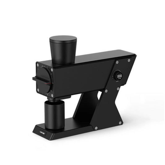 MHW-3BOMBER F74 black electric coffee grinder. Features digital display, grind adjustment dial, & sleek design. 