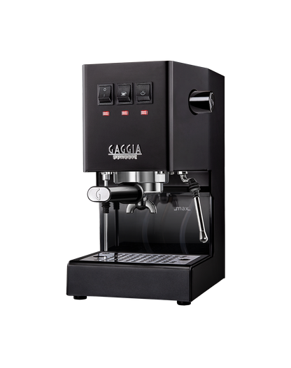 Gaggia Classic Evo Pro espresso machine in black with DF64 Gen II grinder for precise brewing.