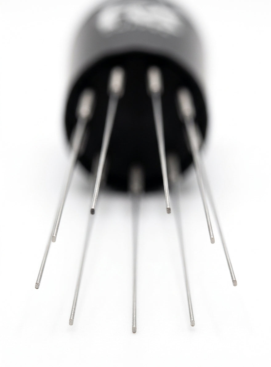 Close-up of Fix Coffee Bolt WDT Tool showing 8 ultra-fine 0.4mm SUS304 stainless steel needles for espresso coffee distribution