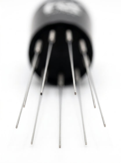 Close-up of Fix Coffee Bolt WDT Tool showing 8 ultra-fine 0.4mm SUS304 stainless steel needles for espresso coffee distribution