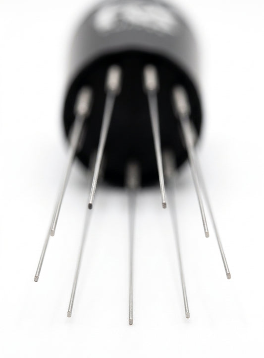 Close-up of Fix Coffee Bolt WDT Tool showing 8 ultra-fine 0.4mm SUS304 stainless steel needles for espresso coffee distribution