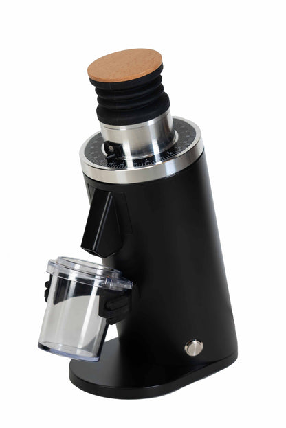 DF54 flat burr grinder in black with bellows and dosing cup