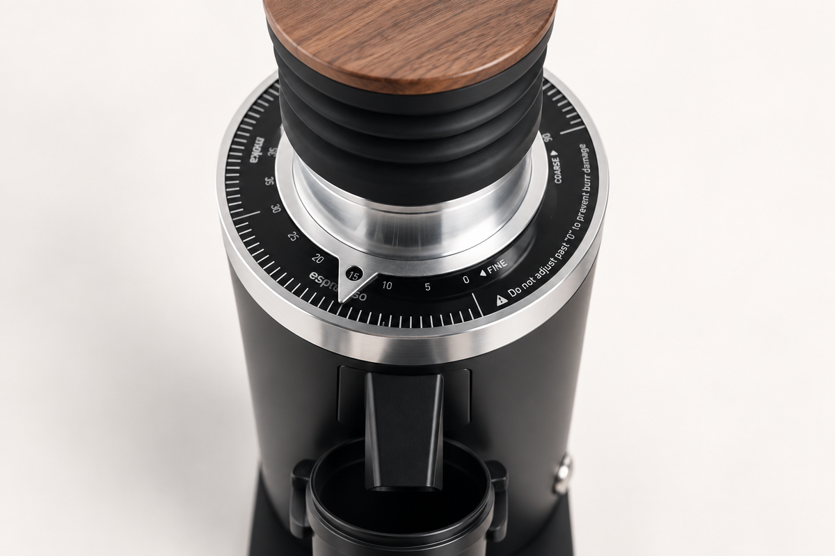 First-person view down onto the DF64 grinder, showing numbered grind-size dial and triangular pointer (reference render)