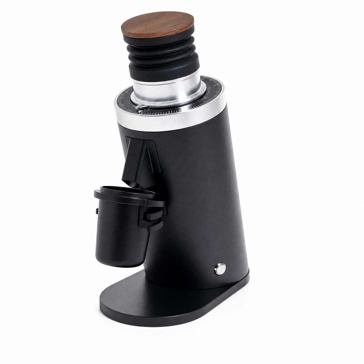 Black DF64 Gen 2 with wooden lid, black dial and suspended dosing cup (reference render)