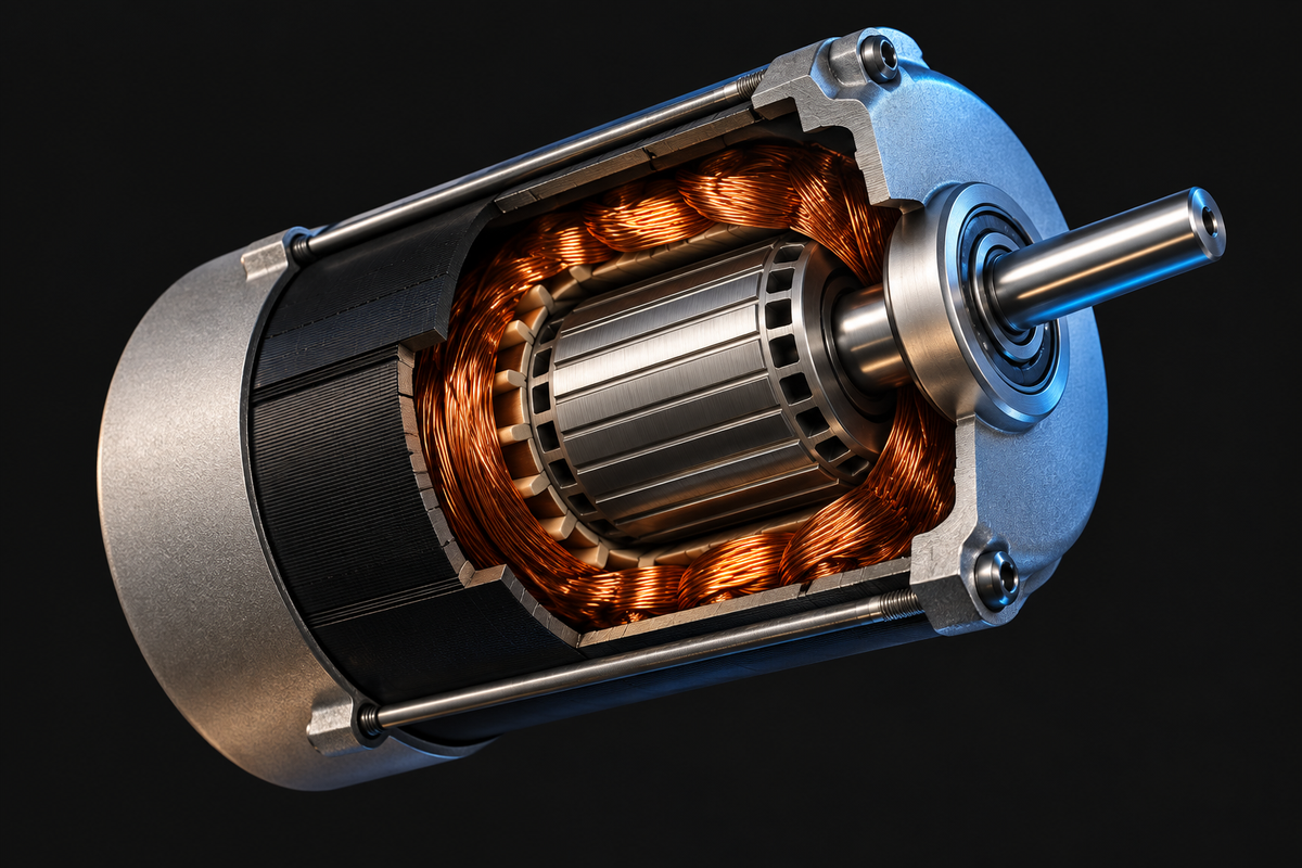 Conceptual motor cross-section with copper stator windings, central rotor and drive shaft; illustrative internal geometry, not an exact DF64 service drawing