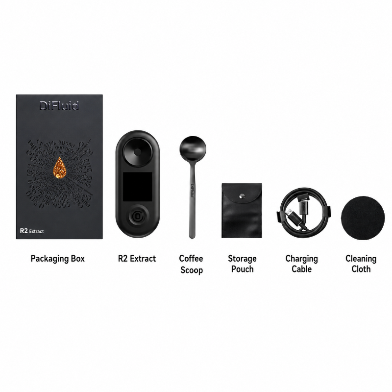 Collection of coffee-making tools including a packaging box, R2 Extract, coffee scoop, storage pouch, charging cable, and cleaning cloth on a white background.