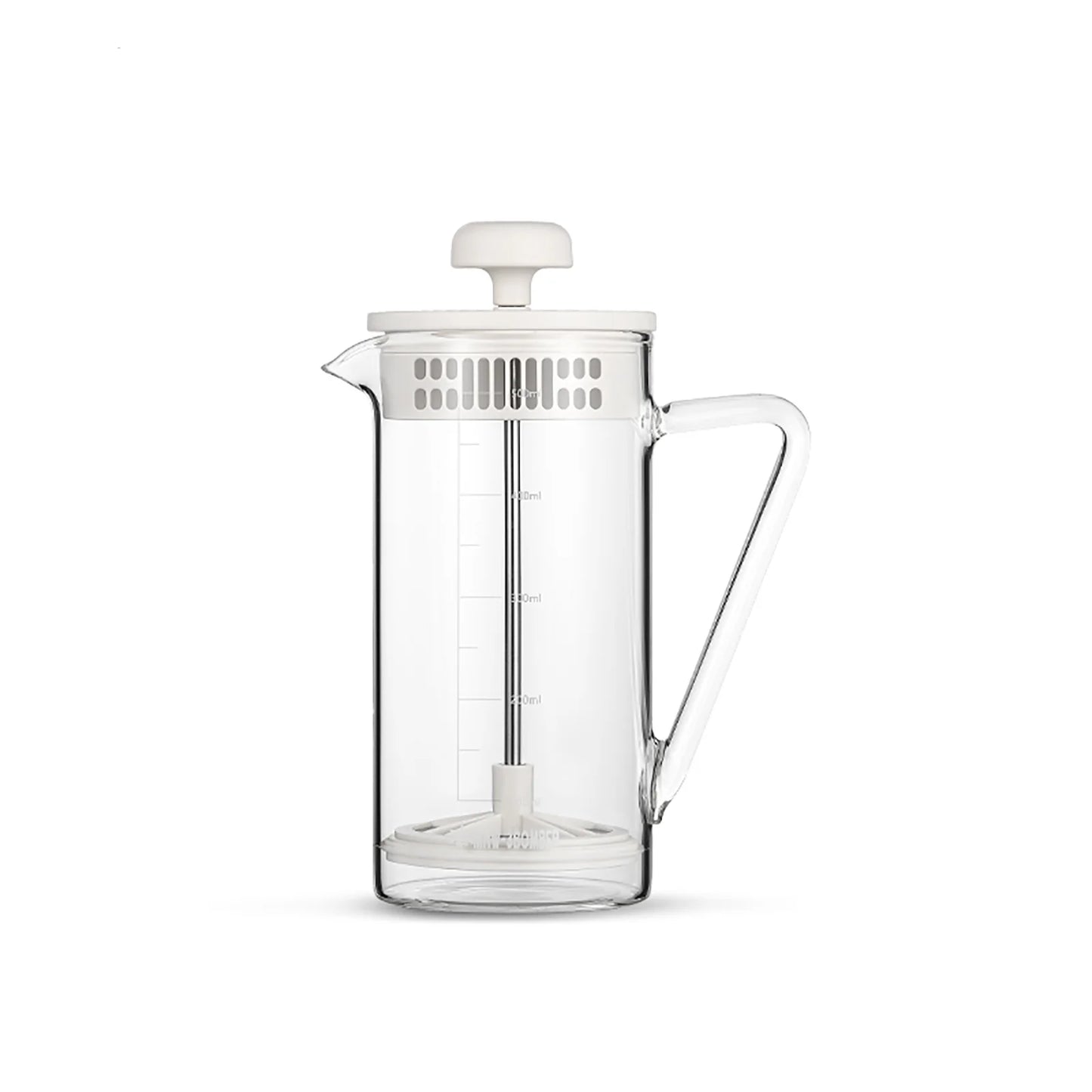 The MHW-3BOMBER Gimme French Press boasts a white lid, plunger, and handle. Made with durable heat-resistant glass and a premium stainless steel filter, it promises the perfect brew. Set against a plain white background, it exudes timeless elegance.