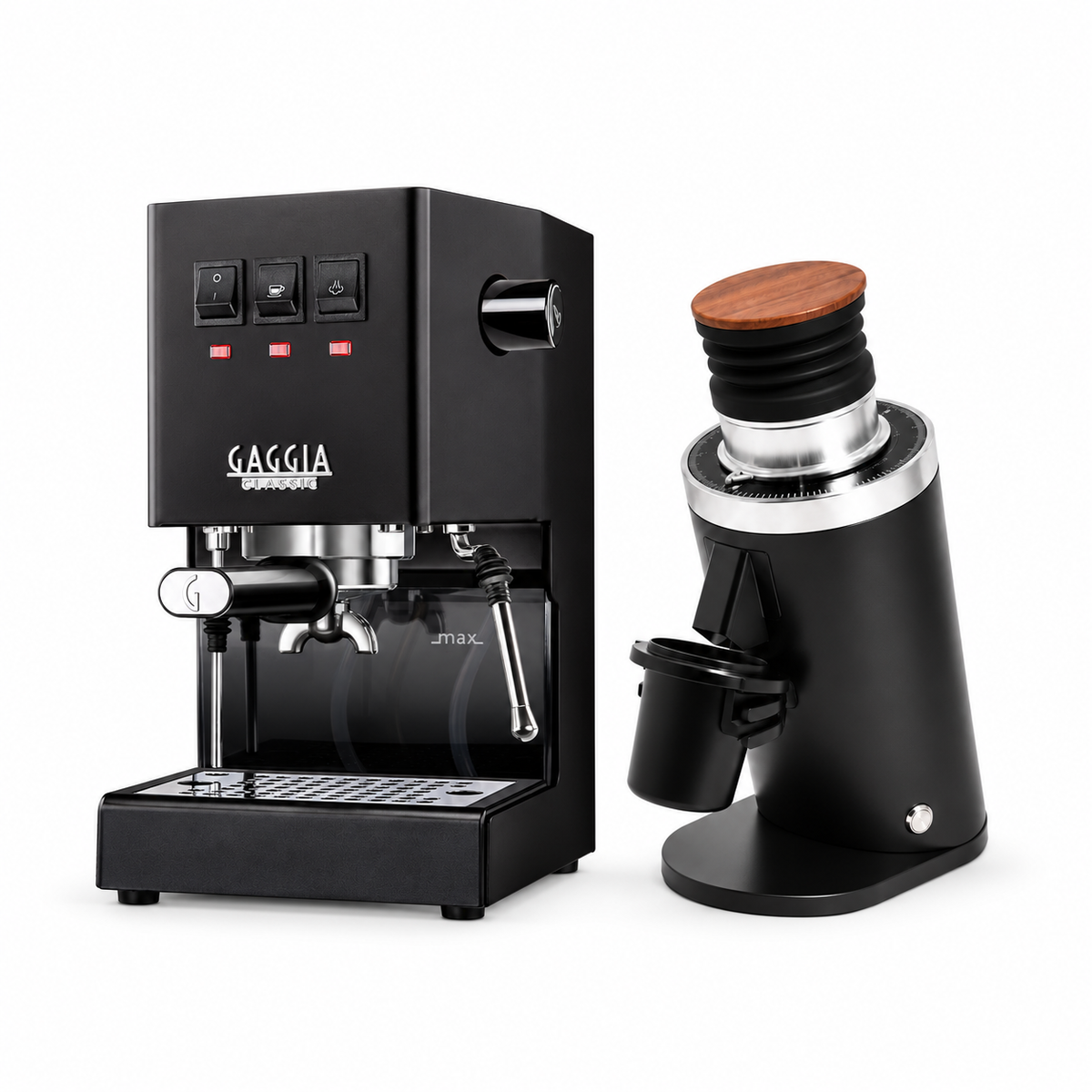 Gaggia Classic E24 black espresso machine with DF64 BLACK grinder on a white background