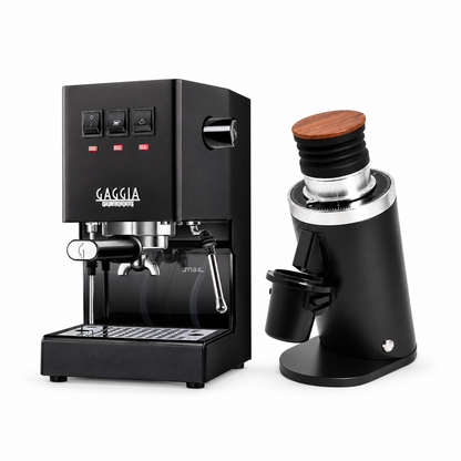 Gaggia Classic E24 black espresso machine with DF64 BLACK grinder on a white background
