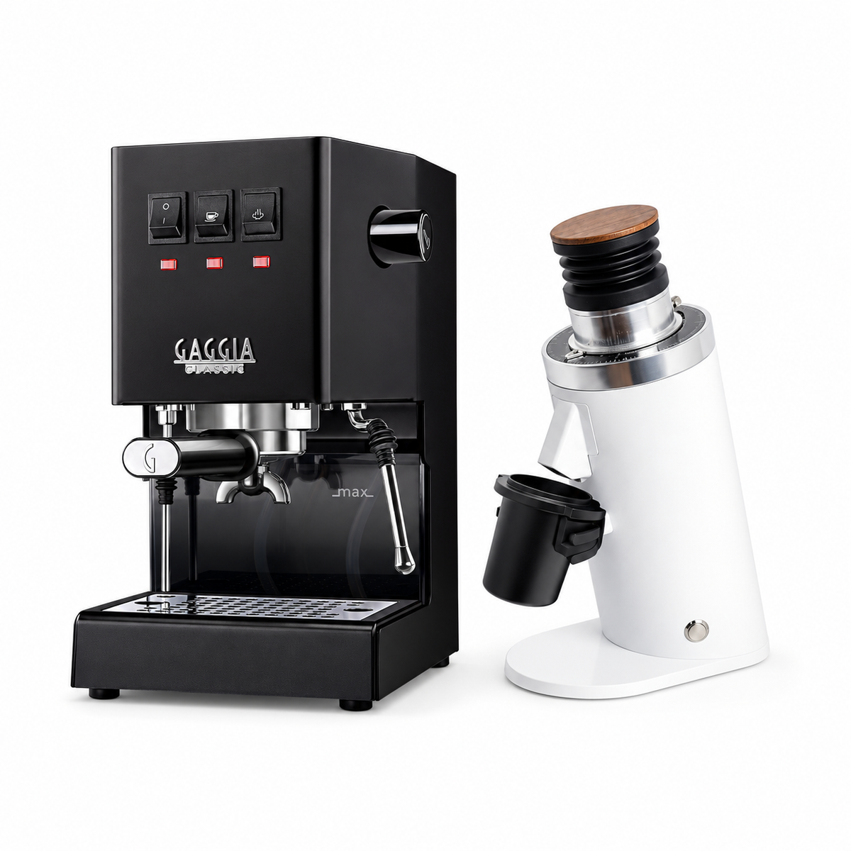 Gaggia Classic E24 black espresso machine with DF64 WHITE grinder on a white background