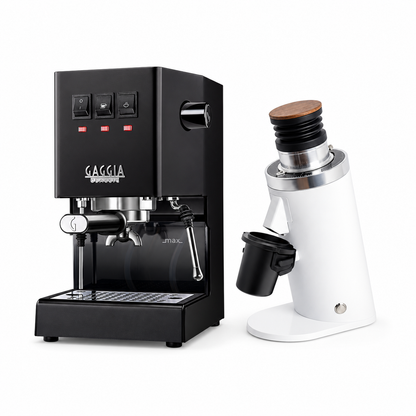 Gaggia Classic E24 black espresso machine with DF64 WHITE grinder on a white background