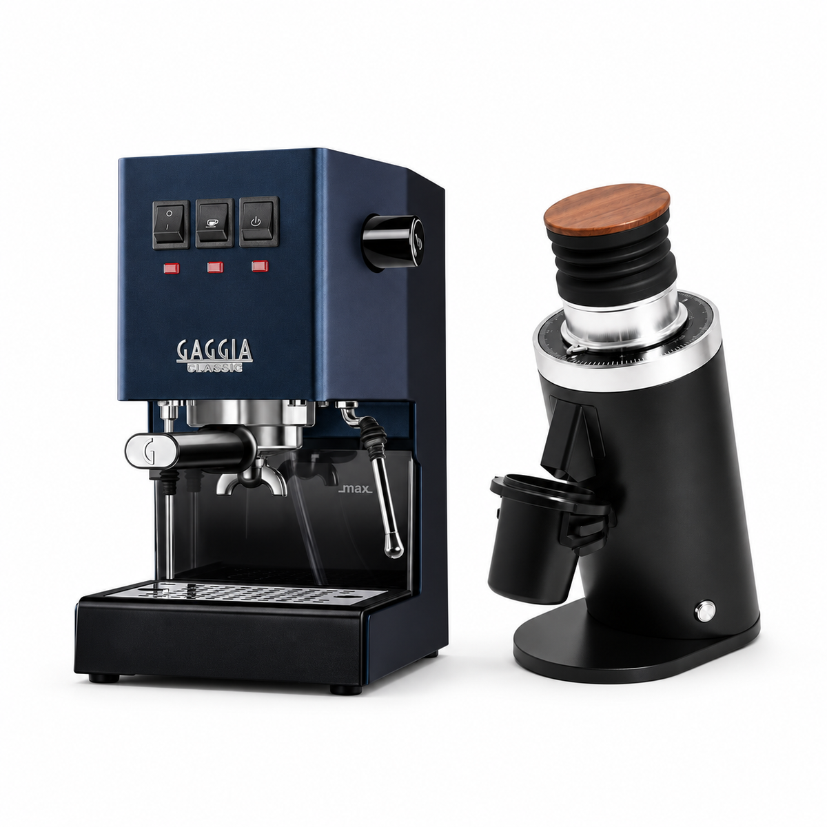 Gaggia Classic E24 blue espresso machine with DF64 BLACK grinder on a white background