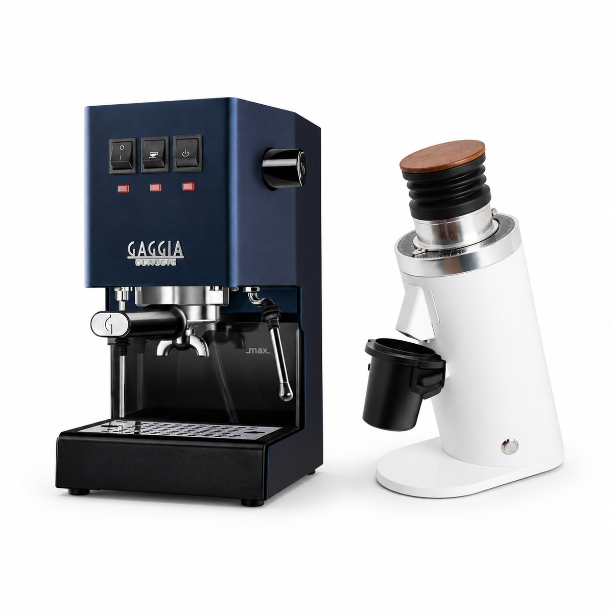 Gaggia Classic E24 blue espresso machine with DF64 WHITE grinder on a white background