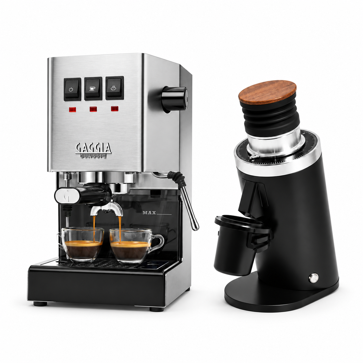 Gaggia Classic E24 stainless steel espresso machine with DF64 BLACK grinder on a white background