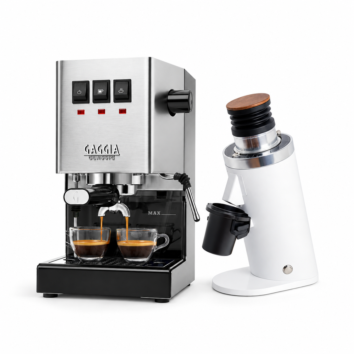 Gaggia Classic E24 stainless steel espresso machine with DF64 WHITE grinder on a white background