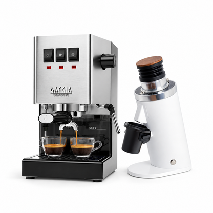 Gaggia Classic E24 stainless steel espresso machine with DF64 WHITE grinder on a white background