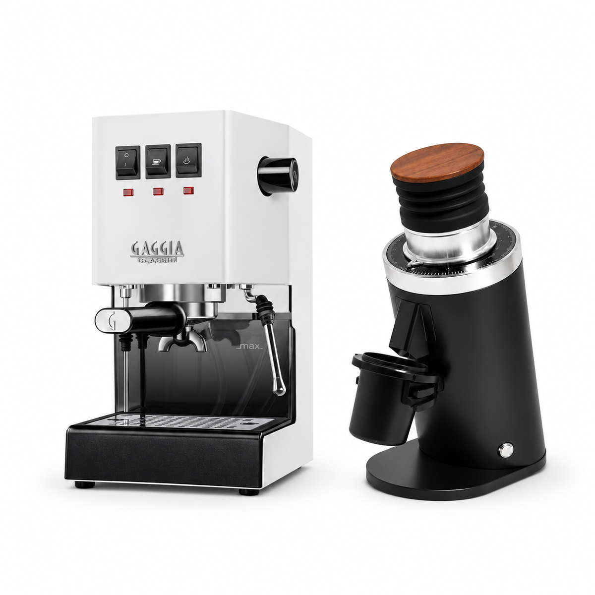 Gaggia Classic E24 white espresso machine with DF64 BLACK grinder on a white background