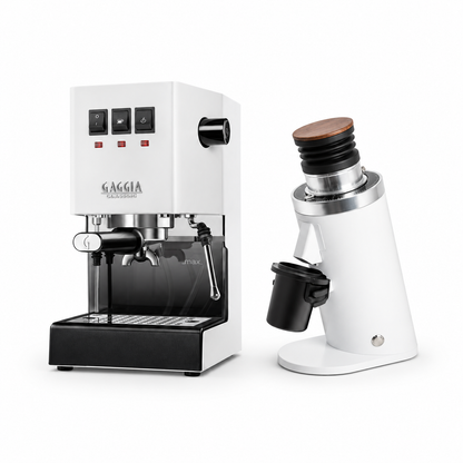 Gaggia Classic E24 white espresso machine with DF64 WHITE grinder on a white background