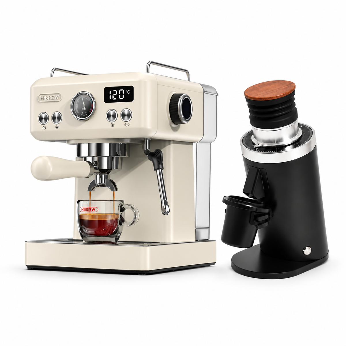H10A beige espresso machine with DF64 BLACK grinder on a white background