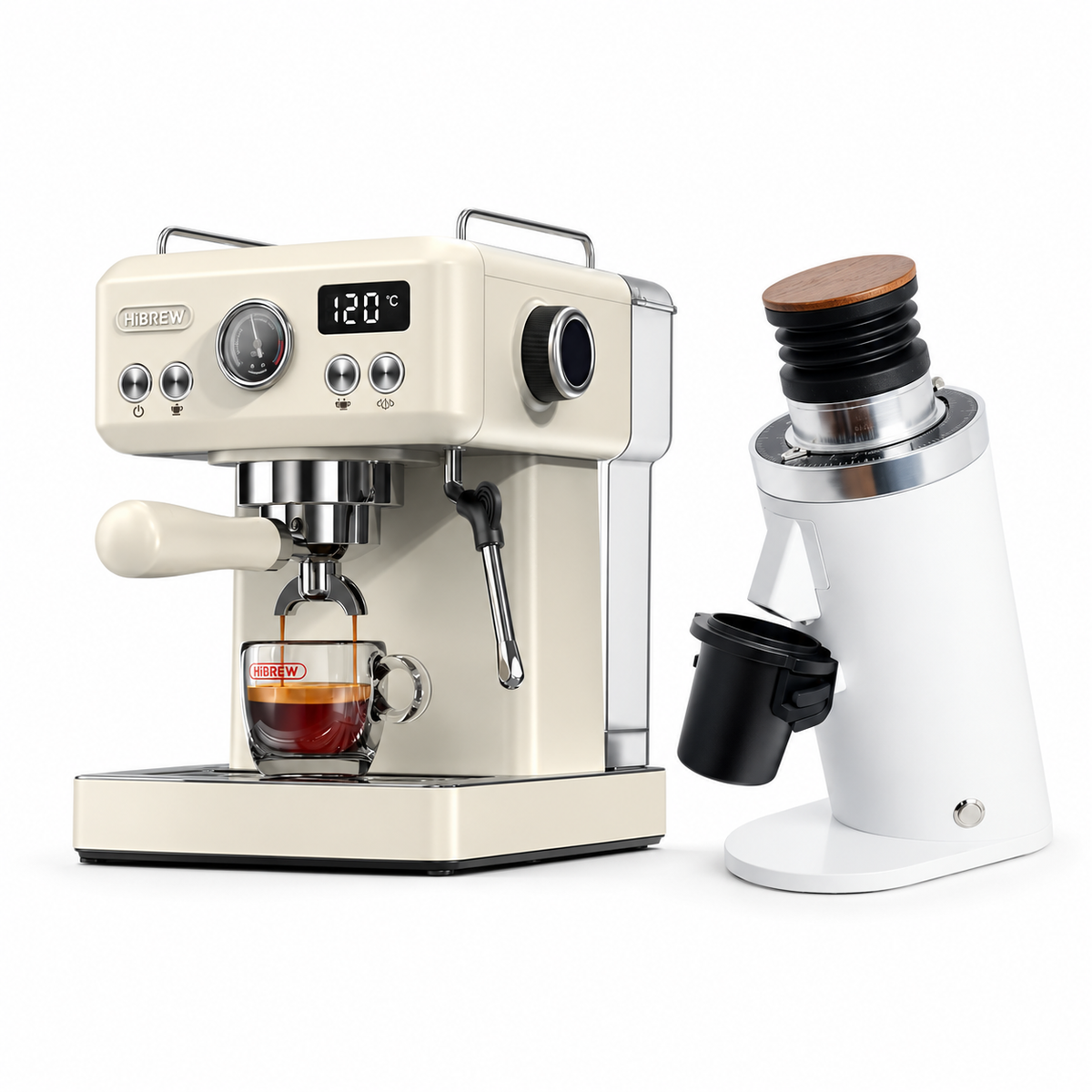 H10A beige espresso machine with DF64 WHITE grinder on a white background